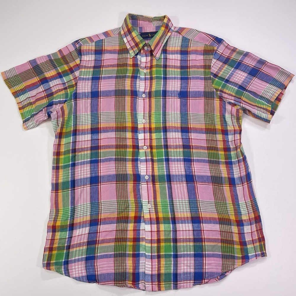 Polo Ralph Lauren Vintage 90s Linen Blend Rainbow Plaid Madras Shirt Men's L